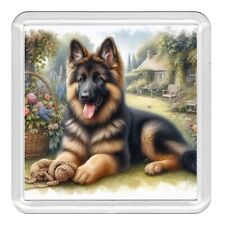 German Shepherd Puppy & Flowers Dog Acrylic Coaster Novelty Drink Cup Mat Gift
