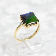 9ct 9k Gold Ring With Rainbow Ammolite & Rock Crystal Quartz Gemstones UK Size N