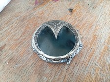 Vintage art deco, silver mesh, Owl face compact mirror with powder compartment.