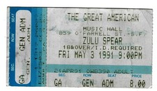 Zulu Spear 5/3/91 San Francisco CA Great American Music Hall Rare Ticket Stub