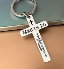 Bible Verse Keychain Christian Religious Cross Key Ring Charm. “ Matt 19:26 “