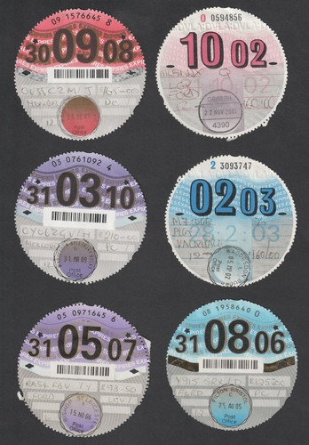 Six used tax discs disc - six,