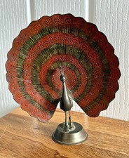 Vintage Red Gold Enamel India Brass  Peacock Fan Tail Feather Bird Figure 6”
