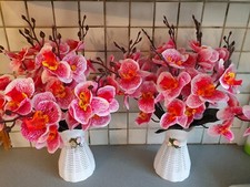 Pair of artificial large bunch dark pink orchid flower & vases Decorations