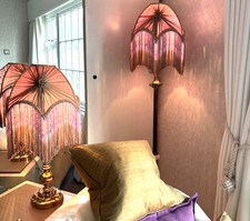 Victorian Traditional Downton Abbey Lilac Gold Chiffon Bead Fringe Lampshade36CM