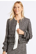 M&S Collection Frill Boucle Petite Silver Black Metallic Ruffle Jacket Size 14