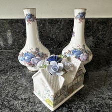 Royal Albert Moonlight Rose 2  Bud Vases , Hand Painted Rose House Ornament