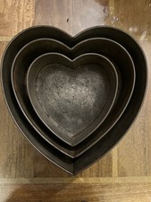 3 Vintage Heart Cake Baking Tins. Steel. Graduated / Tiered. Valentine. Wedding.
