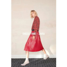 Zara Faux Leather S 8 Pleated Midi Skirt Red A-Line Peasant punk rockabilly boho