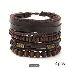 4 pcs Mens Brown Leather Wooden Bead Bracelet Surfer  Multi Row Layer Wristband