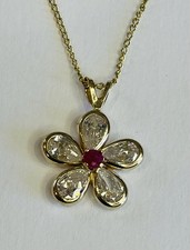 9ct Gold CZ & Real Ruby (3mm) Flower Pendant - Clearance Price