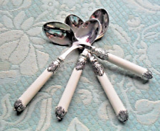 Vintage x 4 MCM stainless steel T spoons cream handles+decorative collars & ends