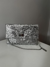 Sparkling Silver Glitter Beth Jordan Clutch with Chain Strap