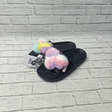 Crocs Classic Fur Sure Slide Black Rainbow Fuzzy Puff Slip-On Sandals Size UK 6