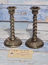 Pair Of Vintage English Barley Twist Silver Plated Brass Candlesticks 14cm High
