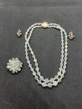 Double  Strand Aurora Borealis Jewellery Set . Necklace Clip On  Earrings Brooch