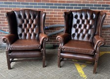 Vintage Chesterfield Georgian Style Large Brown Leather Wingback Armchairs Pair