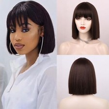 Natural Short Bob Wigs Straight Human Hair Wig with Bangs For Women Real Daily