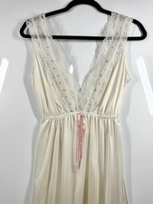 Vintage 70s Gilead Lace Trim Long Bridal Nightgown Empire Plunge Women Sz Small