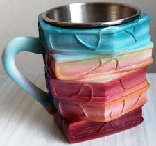 Painted Book Stack Desk Organiser Tidy / Mug Metal+Resin Books Coffee Tea Cup