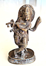 Antique Brass Hindu God Krishna Figurine Playing a Flute, Indian Goddess 