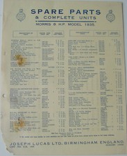 Morris 8  1935 Lucas CAV Rotax Spare Parts List No. CE 185 Issued 1934 August