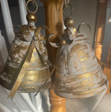 Pair of Large Gold Metal Bells, Christmas Decoration Hanging Rope, Vintage Style