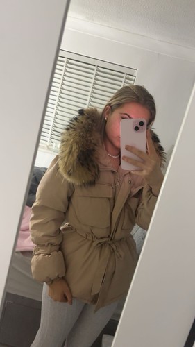 Beige coat with - real, fur