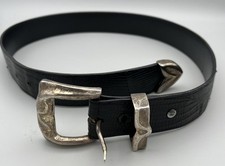 Vintage 1960s JM Sterling Silver Western Belt Buckle Set on Black Strap USA