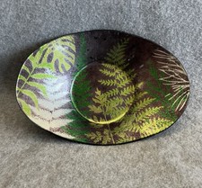 Reverse Painted Green Glass Tropical Bowl Fern Leaves Trinket Dish