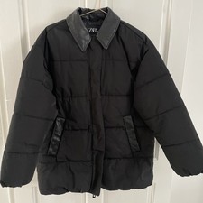 Zara Women’s Small Puffer Jacket With Leather Style Details Pockets And Collar
