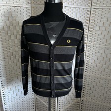 Fred Perry Cardigan Button Up Black Grey Stripe Mod Skinhead Northern Soul Small
