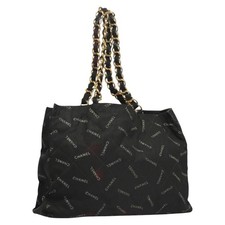 CHANEL Matelasse Chain Tote Bag Canvas Black Gold CC Auth MY229