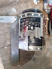 Octogon Tin Tea Caddie With A Twist On Lid Oriental Design Ok Condition See Pics