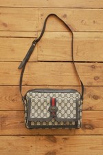 Gucci Vintage Crossbody Bag Brown Leather Beige PVC GG Logo Monogram Print
