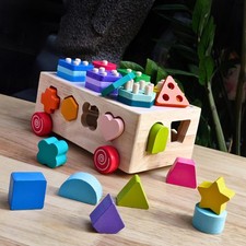 Wooden Shape Sorting Educational Toy Bus