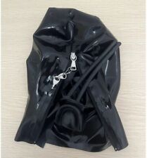 Latex Hood Rubber Mask with Black long nose tube&braces for Fetish clubwear BDSM