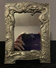 Vintage Japanese Silver Polished Pewter Dragon Mirror