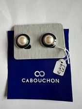 Vintage 1990s Cabouchon Pearl & Green Enamel Clip On Earrings Costume Jewellery
