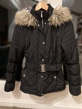 Lipsy ladies quilted winter hip length coat size 8 black, belt, fur trim hood