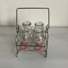 4 Vintage Miniature Pure Milk 1-7/8” Glass Bottles w Mini Caddy Rack ~Bottle Set