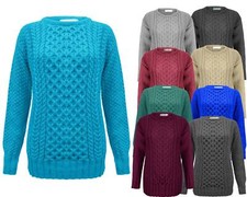 Ladies Women Crew Neck Long Sleeve Knitted Cable Knit Jumper Stretch Sweater Top