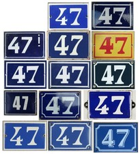 Old yellow blue French house number 47 door gate plate steel enamel sign - pick