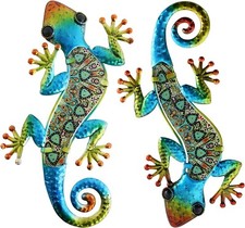 HONGLAND 2Pcs Metal Gecko Wall Decor Lizard Garden Art Color Hanging Glass