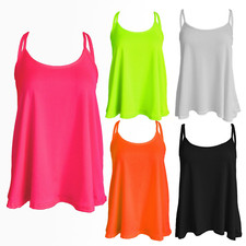 Womens Ladies Plus Size Cami Plain Neon Strappy Swing Vest Top Flared Sleeveless