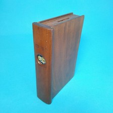 Vintage hand crafted wooden puzzle money box in shape of book hobby piece