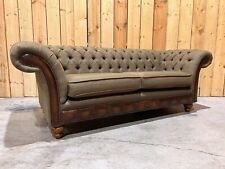 HANDMADE 3 SEATER SAGE GREEN TWEED HERRINGBONE WOOL FABRIC CHESTERFIELD SOFA