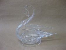 Vintage Art Glass Swan Figure Figurine Trinket Dish ~ Heavy Glass Swan Figurine