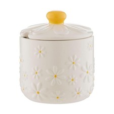 Daisy Sugar Bowl Jar With Lid Ceramic Hand Painted Flower Embossed White Storage