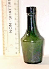 SOLD ANTIQUE SAMPLE SIZE GREEN/AMBER  WHISKEY/ BRANDY BOTTLES. 4-5.25 inches .